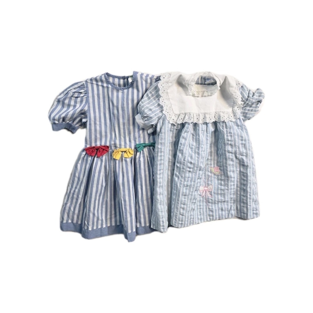 Vintage Girls Dress Kate Greenaway 6X Blue Striped Lot Of 2